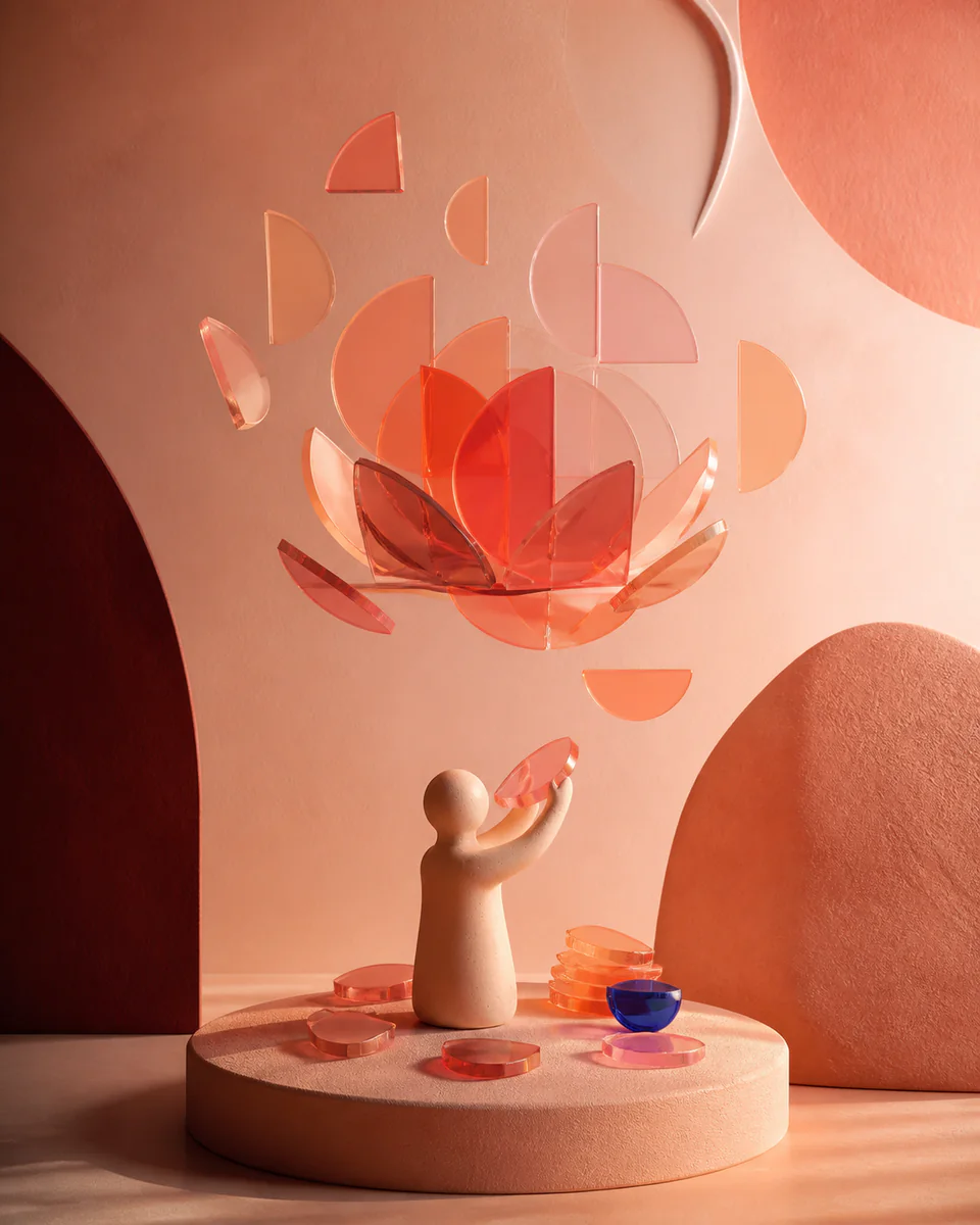 Ceramic figure and geometric flower generated locally